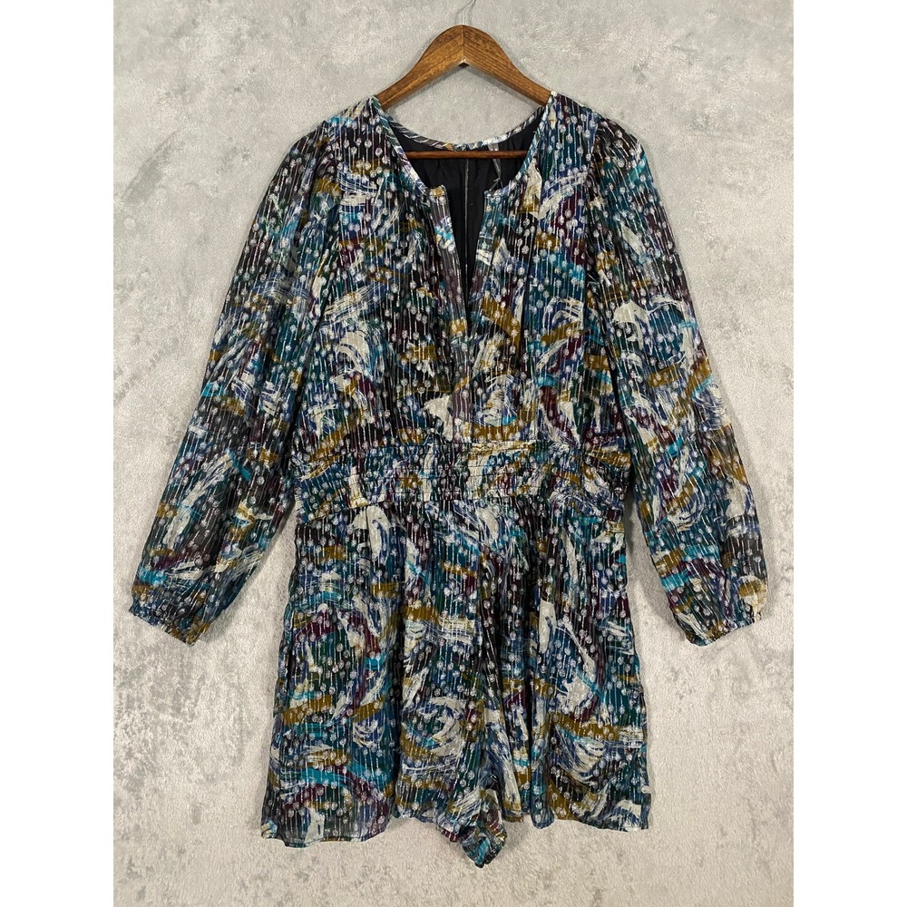 Anthropologie Somerset Romper Dress XL Blue Metallic Abstract Smocked Whimsical